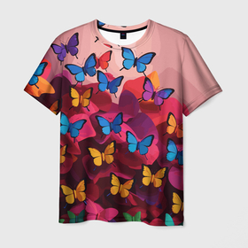 Мужская футболка 3D с принтом Разноцветные бабочки   розовые цветы в Новосибирске, 100% полиэфир | прямой крой, круглый вырез горловины, длина до линии бедер | 