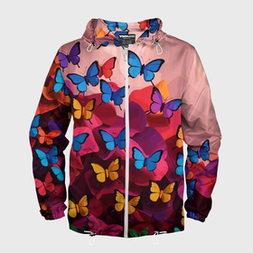 Мужская ветровка 3D с принтом Разноцветные бабочки   розовые цветы в Санкт-Петербурге, 100% полиэстер | подол и капюшон оформлены резинкой с фиксаторами, два кармана без застежек по бокам, один потайной карман на груди | 