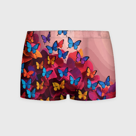Мужские трусы 3D с принтом Разноцветные бабочки   розовые цветы в Тюмени, 50% хлопок, 50% полиэстер | классическая посадка, на поясе мягкая тканевая резинка | Тематика изображения на принте: 