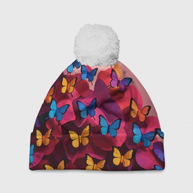 Шапка 3D c помпоном с принтом Разноцветные бабочки   розовые цветы в Тюмени, 100% полиэстер | универсальный размер, печать по всей поверхности изделия | 