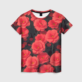 Женская футболка 3D с принтом Маковое поле с красными цветочками , 100% полиэфир ( синтетическое хлопкоподобное полотно) | прямой крой, круглый вырез горловины, длина до линии бедер | Тематика изображения на принте: 