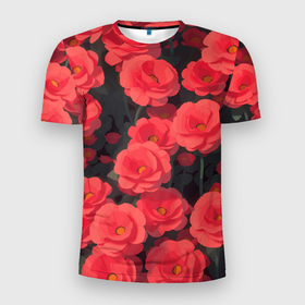 Мужская футболка 3D Slim с принтом Маковое поле с красными цветочками в Тюмени, 100% полиэстер с улучшенными характеристиками | приталенный силуэт, круглая горловина, широкие плечи, сужается к линии бедра | Тематика изображения на принте: 