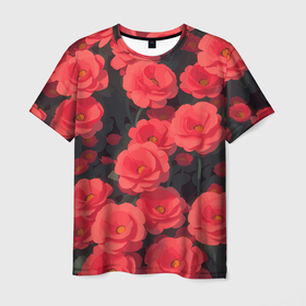 Мужская футболка 3D с принтом Маковое поле с красными цветочками в Тюмени, 100% полиэфир | прямой крой, круглый вырез горловины, длина до линии бедер | Тематика изображения на принте: 