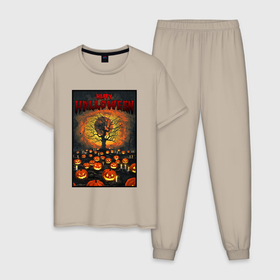Мужская пижама хлопок с принтом Pumpkins and candles в Санкт-Петербурге, 100% хлопок | брюки и футболка прямого кроя, без карманов, на брюках мягкая резинка на поясе и по низу штанин
 | 