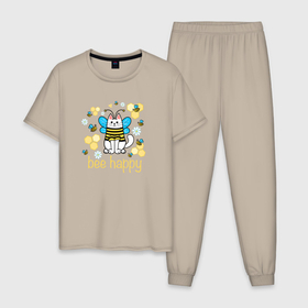 Мужская пижама хлопок с принтом Bee happy в Петрозаводске, 100% хлопок | брюки и футболка прямого кроя, без карманов, на брюках мягкая резинка на поясе и по низу штанин
 | Тематика изображения на принте: 