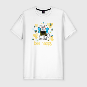 Мужская футболка хлопок Slim с принтом Bee happy в Петрозаводске, 92% хлопок, 8% лайкра | приталенный силуэт, круглый вырез ворота, длина до линии бедра, короткий рукав | Тематика изображения на принте: 