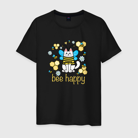 Мужская футболка хлопок с принтом Bee happy в Новосибирске, 100% хлопок | прямой крой, круглый вырез горловины, длина до линии бедер, слегка спущенное плечо. | Тематика изображения на принте: 