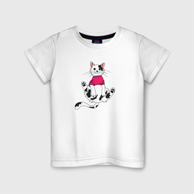 Детская футболка хлопок с принтом Белый кот в свитшоте в Кировске, 100% хлопок | круглый вырез горловины, полуприлегающий силуэт, длина до линии бедер | Тематика изображения на принте: 