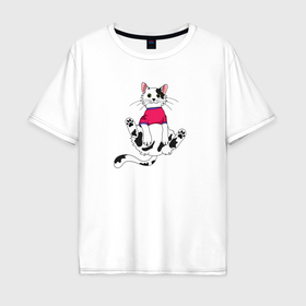 Мужская футболка хлопок Oversize с принтом Белый кот в свитшоте в Новосибирске, 100% хлопок | свободный крой, круглый ворот, “спинка” длиннее передней части | Тематика изображения на принте: 