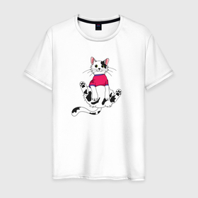 Мужская футболка хлопок с принтом Белый кот в свитшоте в Тюмени, 100% хлопок | прямой крой, круглый вырез горловины, длина до линии бедер, слегка спущенное плечо. | 