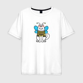 Мужская футболка хлопок Oversize с принтом Котёнок пчела в Тюмени, 100% хлопок | свободный крой, круглый ворот, “спинка” длиннее передней части | 