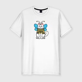 Мужская футболка хлопок Slim с принтом Котёнок пчела в Петрозаводске, 92% хлопок, 8% лайкра | приталенный силуэт, круглый вырез ворота, длина до линии бедра, короткий рукав | 
