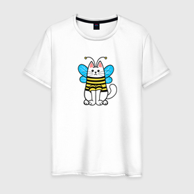 Мужская футболка хлопок с принтом Котёнок пчела в Курске, 100% хлопок | прямой крой, круглый вырез горловины, длина до линии бедер, слегка спущенное плечо. | 