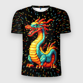 Мужская футболка 3D Slim с принтом Пиксельный дракон , 100% полиэстер с улучшенными характеристиками | приталенный силуэт, круглая горловина, широкие плечи, сужается к линии бедра | 