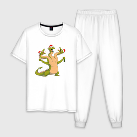 Мужская пижама хлопок с принтом Новогодний зеленый дракон Горыныч в Екатеринбурге, 100% хлопок | брюки и футболка прямого кроя, без карманов, на брюках мягкая резинка на поясе и по низу штанин
 | 