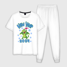 Мужская пижама хлопок с принтом 2024 новогодний зеленый дракон в Екатеринбурге, 100% хлопок | брюки и футболка прямого кроя, без карманов, на брюках мягкая резинка на поясе и по низу штанин
 | Тематика изображения на принте: 
