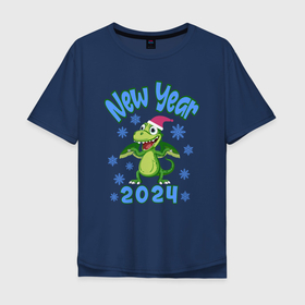 Мужская футболка хлопок Oversize с принтом 2024 новогодний зеленый дракон в Екатеринбурге, 100% хлопок | свободный крой, круглый ворот, “спинка” длиннее передней части | Тематика изображения на принте: 