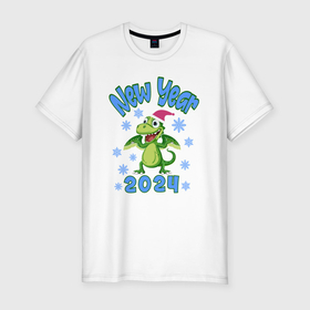 Мужская футболка хлопок Slim с принтом 2024 новогодний зеленый дракон в Екатеринбурге, 92% хлопок, 8% лайкра | приталенный силуэт, круглый вырез ворота, длина до линии бедра, короткий рукав | Тематика изображения на принте: 