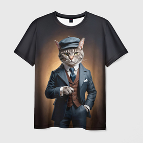 Мужская футболка 3D с принтом Кот в стиле Томаса Шелби   Острые козырьки в Екатеринбурге, 100% полиэфир | прямой крой, круглый вырез горловины, длина до линии бедер | 
