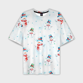Мужская футболка oversize 3D с принтом Акварельные снеговиками   новогодний паттерн в Екатеринбурге,  |  | Тематика изображения на принте: 
