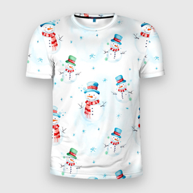 Мужская футболка 3D Slim с принтом Акварельные снеговиками   новогодний паттерн в Тюмени, 100% полиэстер с улучшенными характеристиками | приталенный силуэт, круглая горловина, широкие плечи, сужается к линии бедра | 