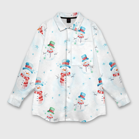 Мужская рубашка oversize 3D с принтом Акварельные снеговиками   новогодний паттерн в Екатеринбурге,  |  | Тематика изображения на принте: 