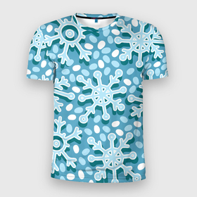 Мужская футболка 3D Slim с принтом Новогодние или рождественские снежинки в Екатеринбурге, 100% полиэстер с улучшенными характеристиками | приталенный силуэт, круглая горловина, широкие плечи, сужается к линии бедра | 