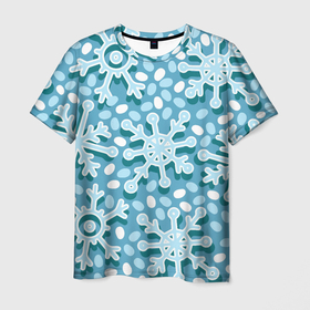 Мужская футболка 3D с принтом Новогодние или рождественские снежинки в Екатеринбурге, 100% полиэфир | прямой крой, круглый вырез горловины, длина до линии бедер | Тематика изображения на принте: 