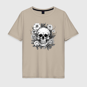 Мужская футболка хлопок Oversize с принтом Skull in flowers from napalm 696 в Новосибирске, 100% хлопок | свободный крой, круглый ворот, “спинка” длиннее передней части | 