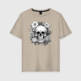Женская футболка хлопок Oversize с принтом Skull in flowers from napalm 696 в Новосибирске, 100% хлопок | свободный крой, круглый ворот, спущенный рукав, длина до линии бедер
 | 