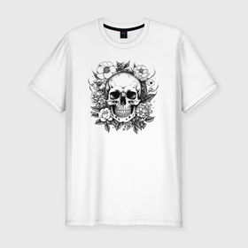 Мужская футболка хлопок Slim с принтом Skull in flowers from napalm 696 в Новосибирске, 92% хлопок, 8% лайкра | приталенный силуэт, круглый вырез ворота, длина до линии бедра, короткий рукав | Тематика изображения на принте: 