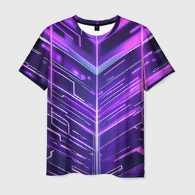Мужская футболка 3D с принтом Фиолетовые неон полосы киберпанк , 100% полиэфир | прямой крой, круглый вырез горловины, длина до линии бедер | 
