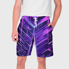 Мужские шорты 3D с принтом Фиолетовые неон полосы киберпанк ,  полиэстер 100% | прямой крой, два кармана без застежек по бокам. Мягкая трикотажная резинка на поясе, внутри которой широкие завязки. Длина чуть выше колен | 