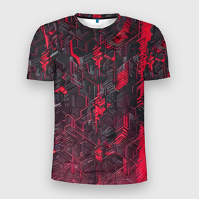 Мужская футболка 3D Slim с принтом Красная адская киберпанк броня в Белгороде, 100% полиэстер с улучшенными характеристиками | приталенный силуэт, круглая горловина, широкие плечи, сужается к линии бедра | 