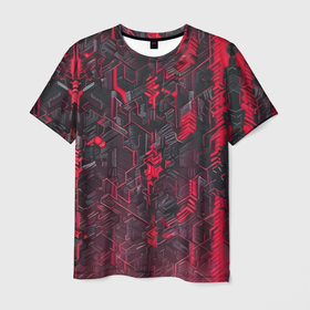 Мужская футболка 3D с принтом Красная адская киберпанк броня в Екатеринбурге, 100% полиэфир | прямой крой, круглый вырез горловины, длина до линии бедер | 