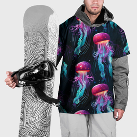 Накидка на куртку 3D с принтом Фиолетовые и бирюзовые медузы   паттерн на черном в Екатеринбурге, 100% полиэстер |  | 