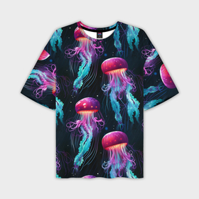 Мужская футболка oversize 3D с принтом Фиолетовые и бирюзовые медузы   паттерн на черном в Екатеринбурге,  |  | 
