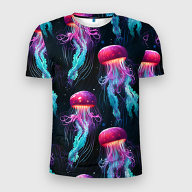 Мужская футболка 3D Slim с принтом Фиолетовые и бирюзовые медузы   паттерн на черном в Екатеринбурге, 100% полиэстер с улучшенными характеристиками | приталенный силуэт, круглая горловина, широкие плечи, сужается к линии бедра | 