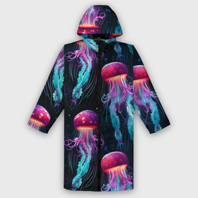 Мужской дождевик 3D с принтом Фиолетовые и бирюзовые медузы   паттерн на черном в Санкт-Петербурге,  |  | Тематика изображения на принте: 