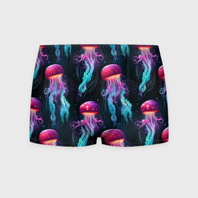 Мужские трусы 3D с принтом Фиолетовые и бирюзовые медузы   паттерн на черном в Екатеринбурге, 50% хлопок, 50% полиэстер | классическая посадка, на поясе мягкая тканевая резинка | 