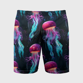 Мужские шорты спортивные с принтом Фиолетовые и бирюзовые медузы   паттерн на черном в Екатеринбурге,  |  | 