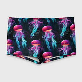 Мужские купальные плавки 3D с принтом Фиолетовые и бирюзовые медузы   паттерн на черном в Екатеринбурге, Полиэстер 85%, Спандекс 15% |  | 