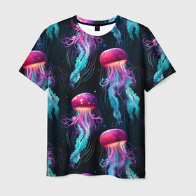 Мужская футболка 3D с принтом Фиолетовые и бирюзовые медузы   паттерн на черном в Курске, 100% полиэфир | прямой крой, круглый вырез горловины, длина до линии бедер | Тематика изображения на принте: 