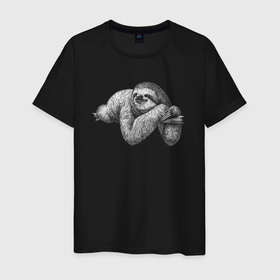 Мужская футболка хлопок с принтом Довольный ленивец на ветке в Белгороде, 100% хлопок | прямой крой, круглый вырез горловины, длина до линии бедер, слегка спущенное плечо. | Тематика изображения на принте: 