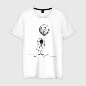 Мужская футболка хлопок с принтом Космонавт с лунным шариком в Курске, 100% хлопок | прямой крой, круглый вырез горловины, длина до линии бедер, слегка спущенное плечо. | Тематика изображения на принте: 