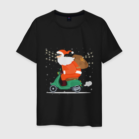 Мужская футболка хлопок с принтом Дед Мороз на мопеде в Санкт-Петербурге, 100% хлопок | прямой крой, круглый вырез горловины, длина до линии бедер, слегка спущенное плечо. | 