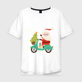 Мужская футболка хлопок Oversize с принтом Дед Мороз на мотоцикле , 100% хлопок | свободный крой, круглый ворот, “спинка” длиннее передней части | 
