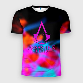 Мужская футболка 3D Slim с принтом Assassins Creed mirage neon gradient в Курске, 100% полиэстер с улучшенными характеристиками | приталенный силуэт, круглая горловина, широкие плечи, сужается к линии бедра | 
