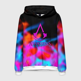 Мужская толстовка 3D с принтом Assassins Creed mirage neon gradient в Белгороде, 100% полиэстер | двухслойный капюшон со шнурком для регулировки, мягкие манжеты на рукавах и по низу толстовки, спереди карман-кенгуру с мягким внутренним слоем. | 