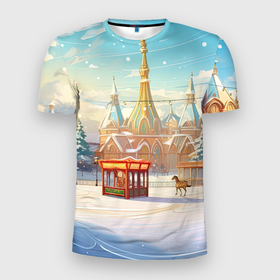 Мужская футболка 3D Slim с принтом Новогодняя     площадь в Белгороде, 100% полиэстер с улучшенными характеристиками | приталенный силуэт, круглая горловина, широкие плечи, сужается к линии бедра | 